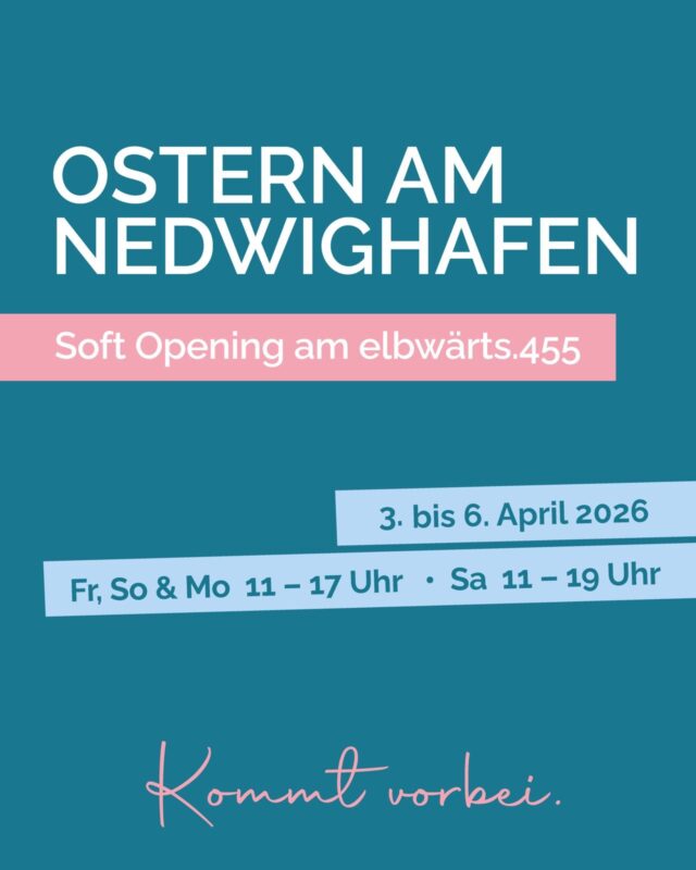 Ostern wird dieses Jahr besonders am Nedwighafen⚓️🐣.
Wir feiern das Soft Opening 🎉von elbwärts.455 und ihr seid herzlich eingeladen, mit uns die ersten Momente dieses neuen Ortes zu erleben.
Am Osterwochenende vom 03.04. – 06.04. erwartet euch ein entspanntes Programm direkt an der Elbe: Für kleine Gäste gibt es eine Hüpfburg und eine
kreative Malaktion am LAGA-Stand. Auf unserer Terrasse von elbwärts.GENUSS könnt ihr Musik genießen, gemütlich zusammensitzen und euch mit Snacks und Drinks versorgen.
Auch musikalisch ist einiges geplant:
Am Samstag sorgt Die Supererbin mit einem DJ-Set für entspannte Beats am Nachmittag.
Am Ostersonntag erwartet die kleinen Gäste ein Kinderprogramm mit Tacki & Noisly, bevor am Ostermontag Yamen mit Live-Musik den Abschluss macht.
Kommt vorbei, bringt Familie oder Freunde mit und genießt mit uns die ersten elbwärts-Momente direkt an der Elbe.☀️
📍Nedwighafen • Elbstraße 65 • 19322 Wittenberge
Wir freuen uns auf euch!
Euer Team von elbwärts.455 🌊🌾